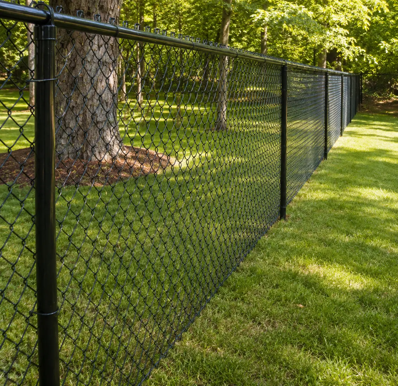 Black chain link fence enclosing a residential backyard with mature trees in New Jersey