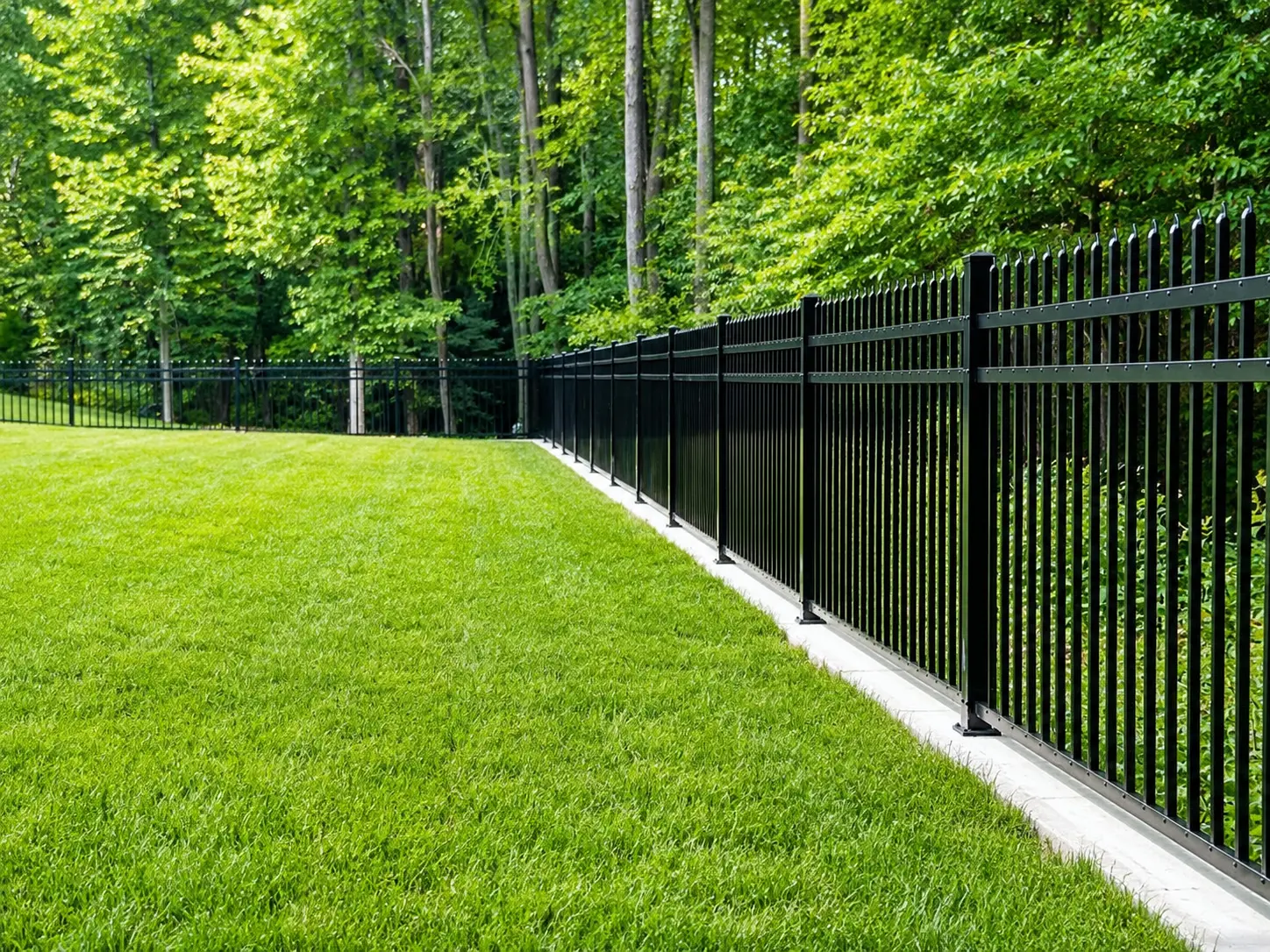 Classic black aluminum picket fence along a residential property line
