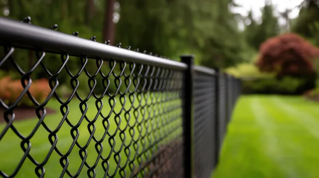Black chain link fence around a residential backyard in New Jersey
