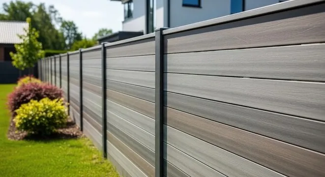 Modern gray composite horizontal-plank privacy fence