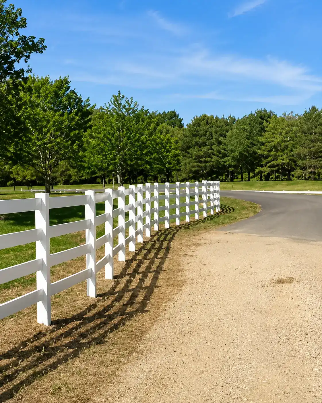 White Vinyl 4-Rail Post & Rail Farm Fence Along Driveway
