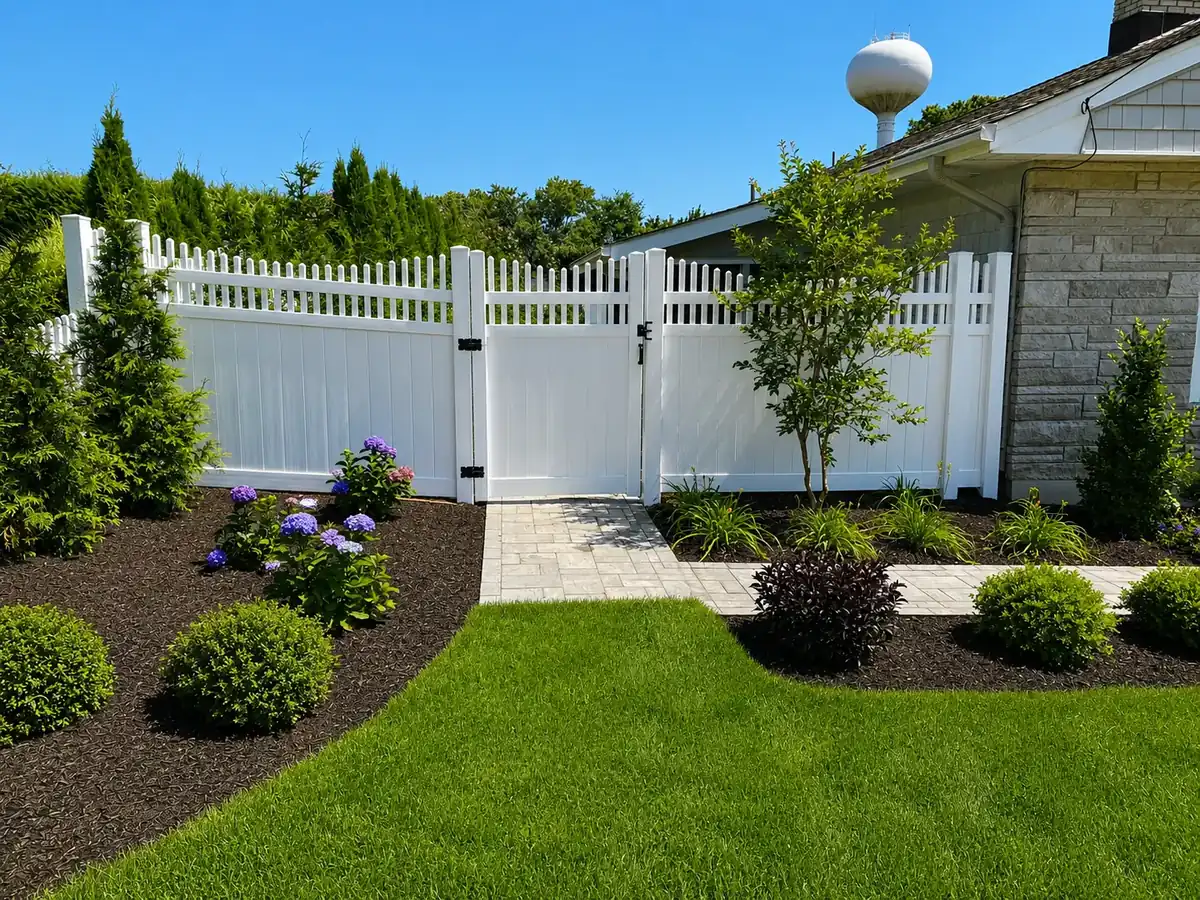White vinyl PVC privacy fence with scalloped picket top and gate