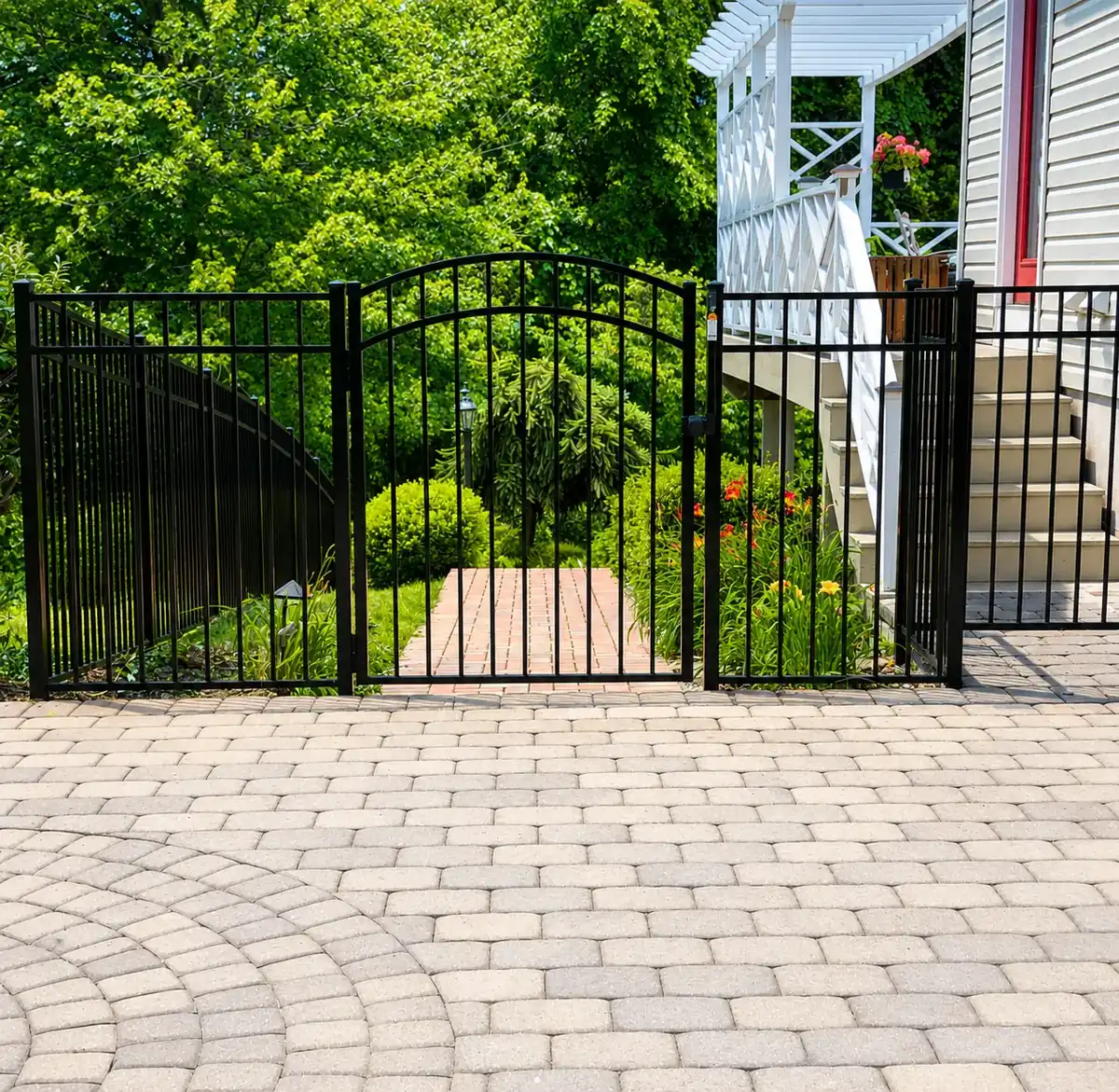 Black Aluminum Fence with Arched Walk Gate