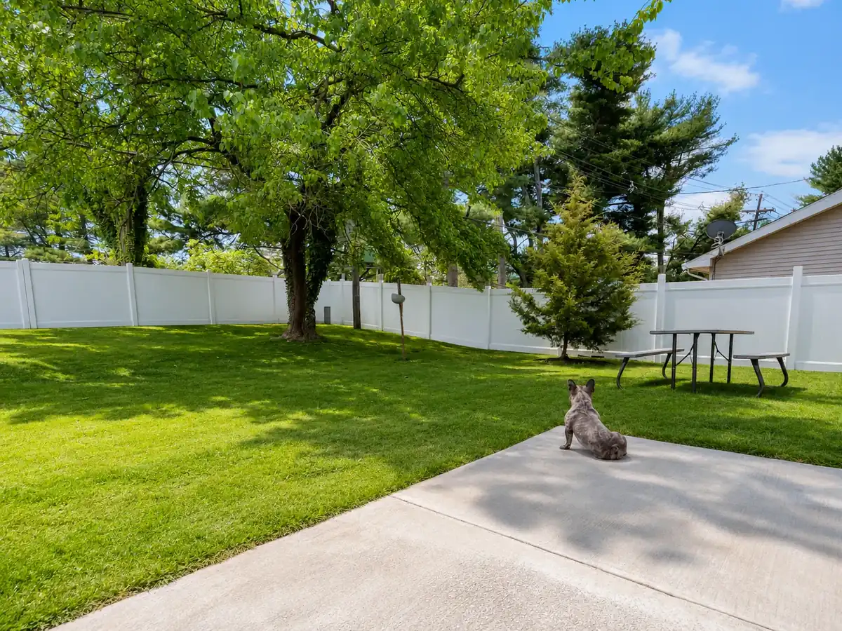 White Vinyl Privacy Fence — Backyard Property Line
