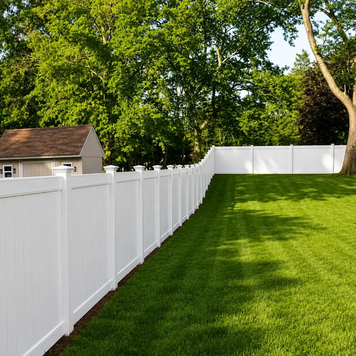 White Vinyl Privacy Fence with New England Post Caps — Backyard Enclosure