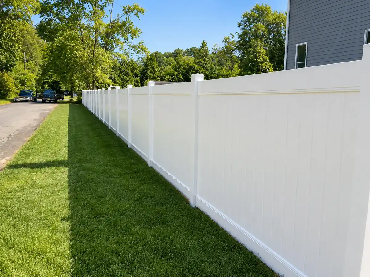 White Vinyl Privacy Fence Along Driveway