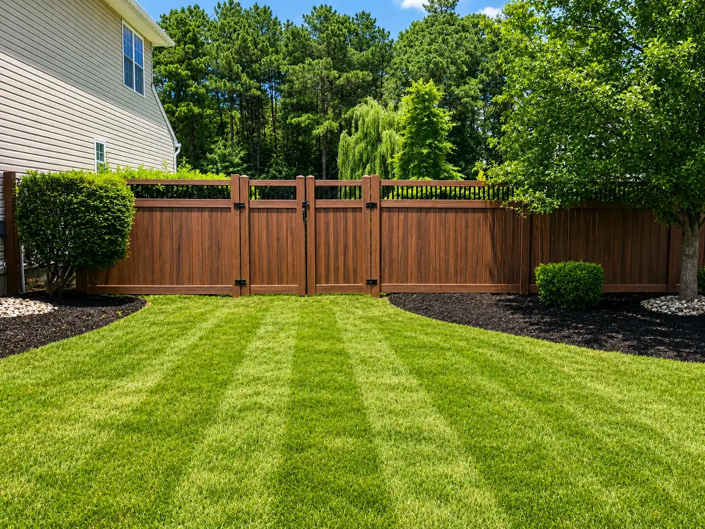 Wood-grain composite privacy fence with double gates installed in a manicured backyard by Fred's Fence